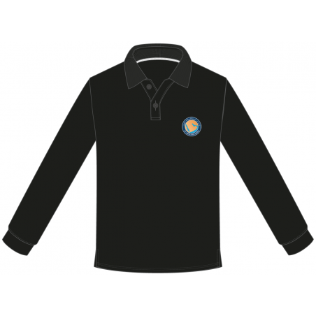 قميص بولو أسود  -  كم طويل مع الشعار  -- [المدرسة الثانوية]